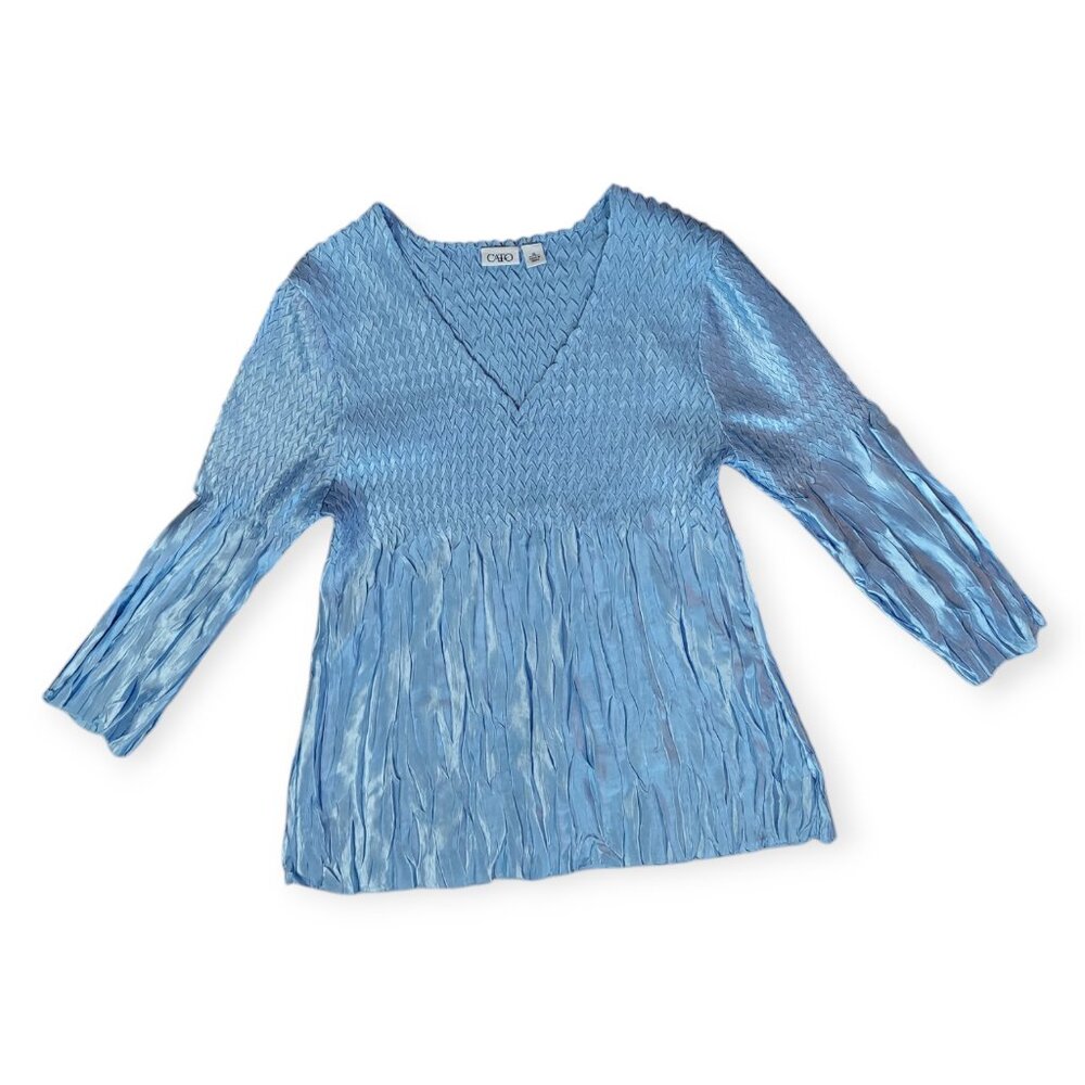 Cato Plus Size Blue Babydoll Top Womens Shimmery Pleated V-neck Blouse Party XL